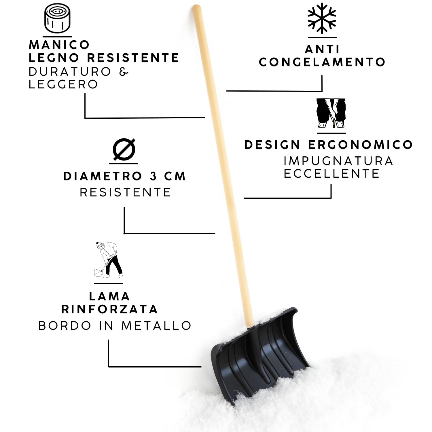 Pala da Neve Nera Multifunzione Manico Legno Lama in Plastica Rinforzata Resistente Bordo Metallo Larghezza Lavoro 40 cm Spala Neve Foglie Terreno Giardinaggio