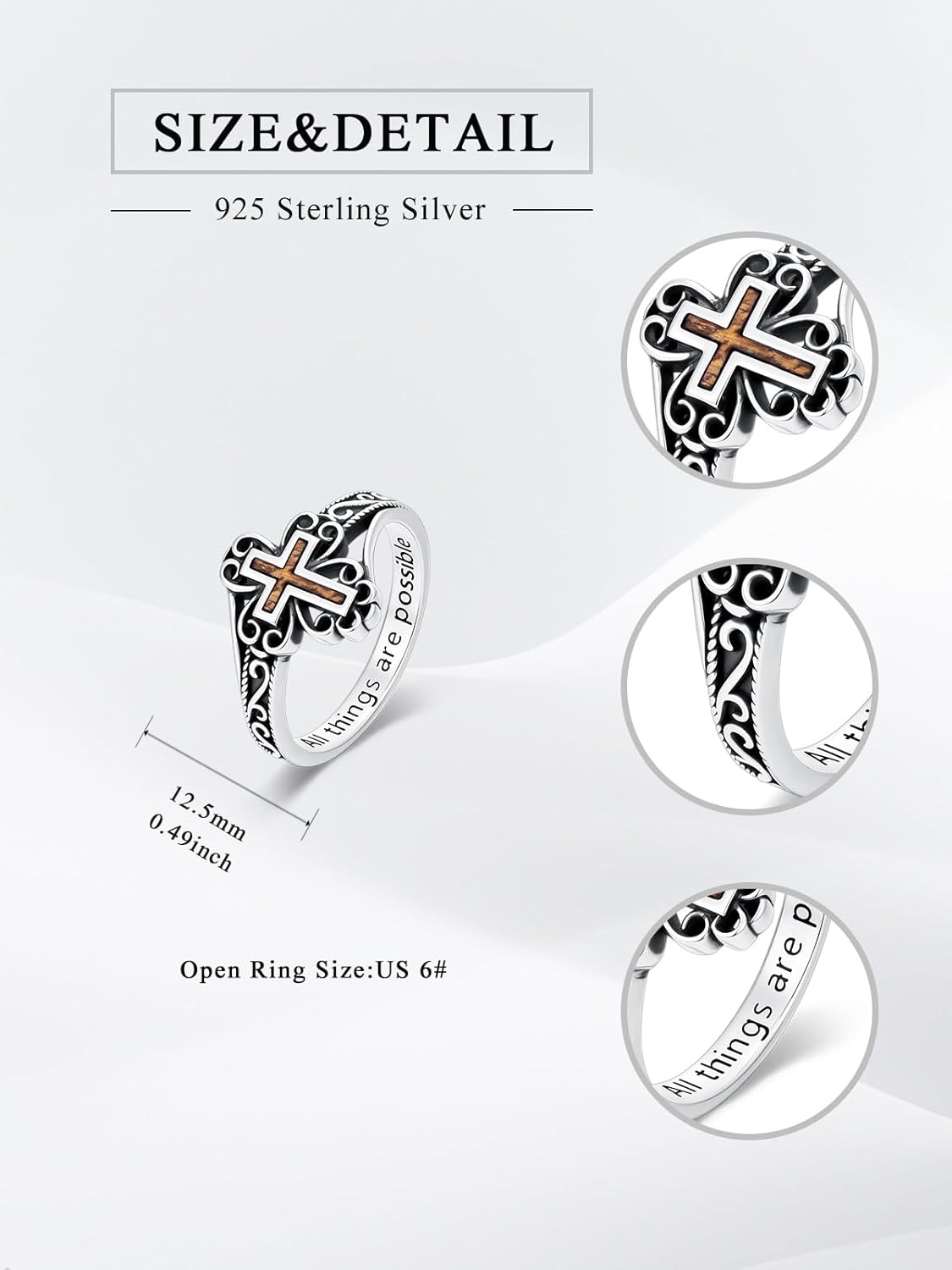 Faith Cross Ring for Women 925 Sterling Silver Wood Cross Ring Inspiring Religious Christian Jewelry Gifts (with Gift Box)
