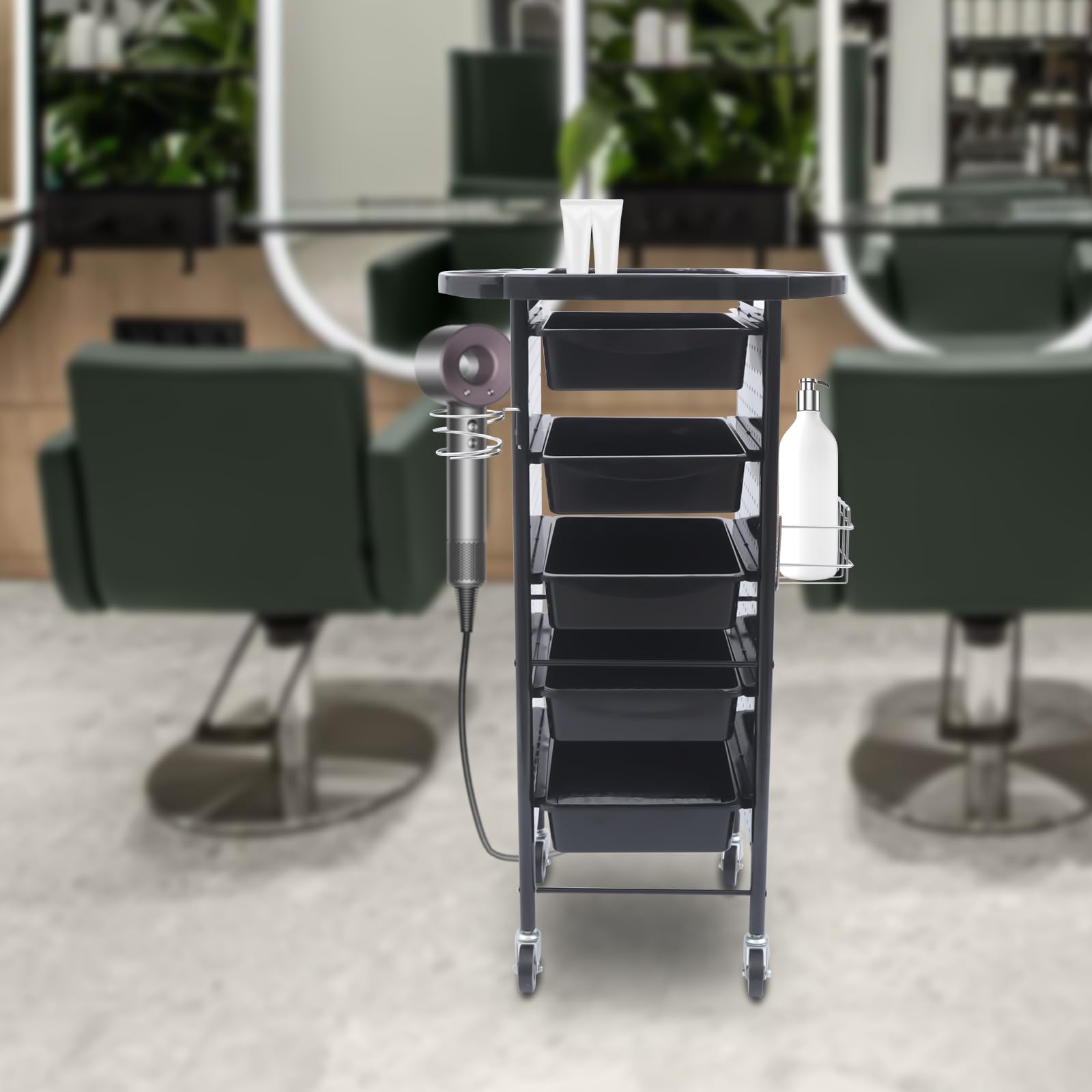Carrello per Parrucchiere Carrello per Parrucchiere e Trucco con portaphon, per Parrucchieri e Centri estetici, con 5 cassetti, portaphon e 4 Ruote, 95 x 53 x 44 cm