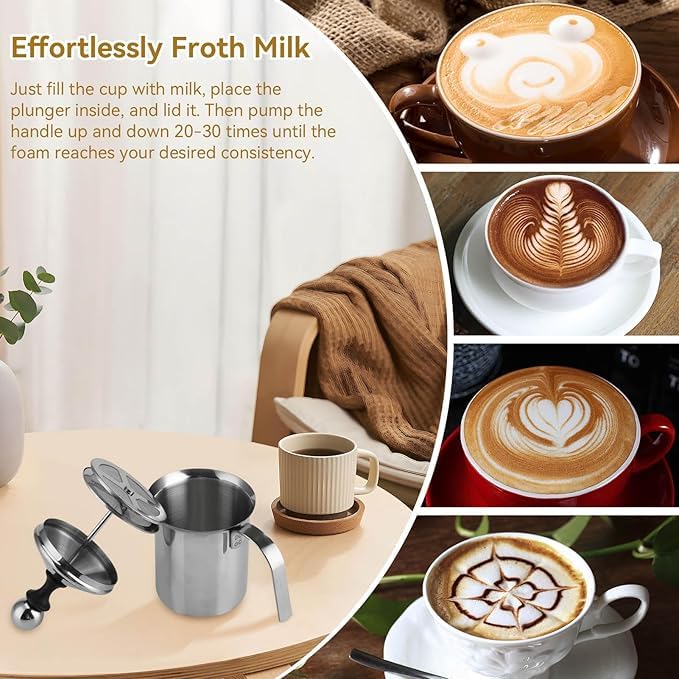 Image of Premium Stainless Steel Milk Frother,Coffee Frother Blender,400ml Manual Coffee Frother Cappuccino Foam Maker for Hot and Cold Coffee Milk Beverages with Double-Mesh Aerator, Handle and Lid