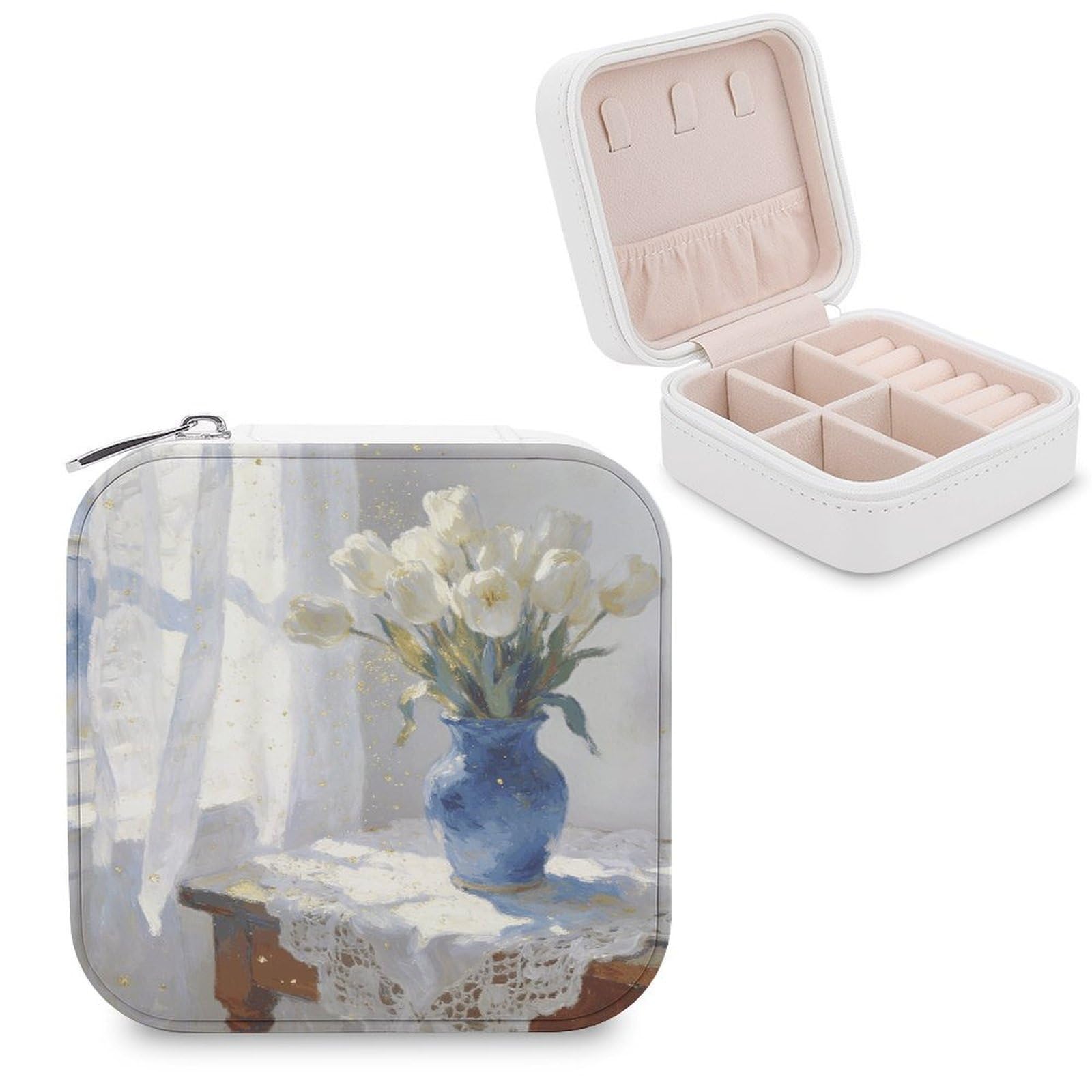 VstaDank The White Tulips by The Window Jewelry Box Beautiful Portable Ring Boxes Cute Large-Capacity Jewelry Case Jewelry Organizer for Mothers Gifts for Earrings Rings Hand Bracelet