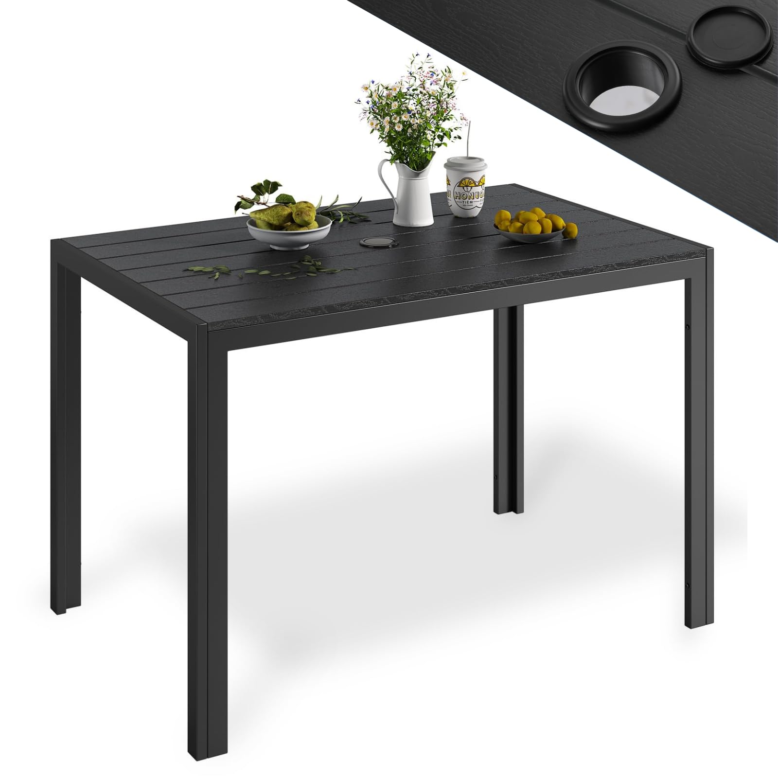 Clevich Tavolo da pranzo da giardino con foro per ombrellone, 110 x 70 x 73 cm, resistente alle intemperie, con piano a doghe in WPC, telaio in alluminio, tavolo rettangolare per balcone/cortile