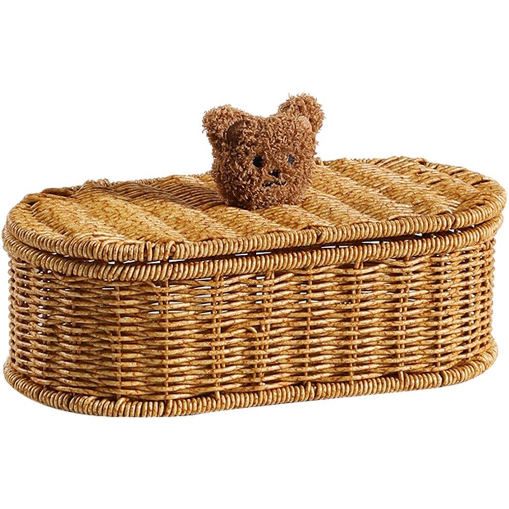 Sanfly Light Brown Rattan Storage Basket With Lid Oval Organization Wicker Shelf Baskets Vintage Storage Basket Bin Desktop Container For Bedroom Home