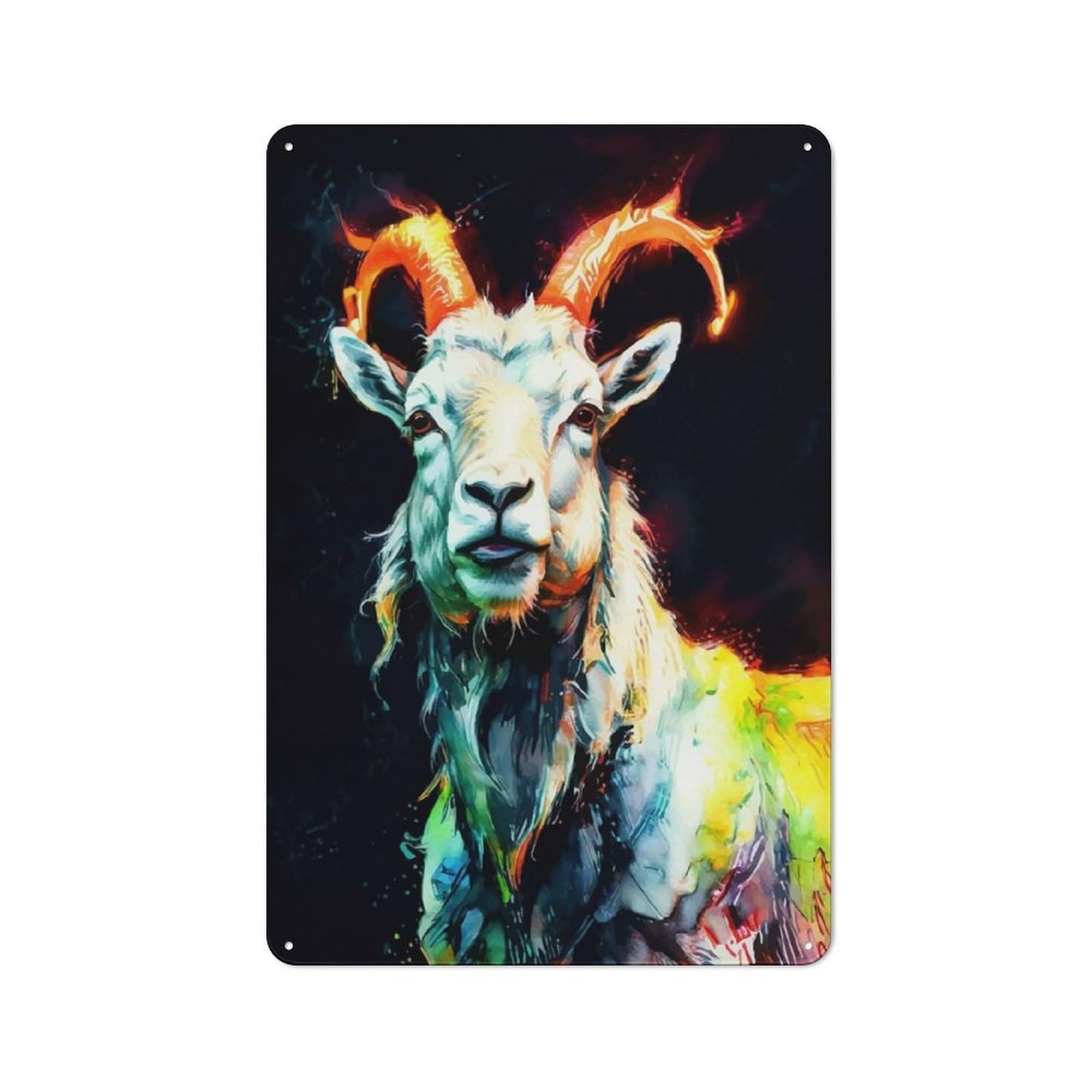 Junmoney Colorful Mountain Goat Portrait 30X20cm Rustic Metal Plaque With For Café Or Restaurant, For Themed Interiors In Cafés And Restaurants