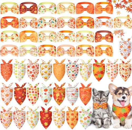 Sanwuta 50 Pcs Thanksgiving Fall Dog Bandanas Bulk and Collar Bow Ties Set 25 Autumn Bandanas 25 Fall Charm Dog Collar Pet Maple Leaves Pumpkin Triangle Pet Scarf Bowtie for Small Medium Large
