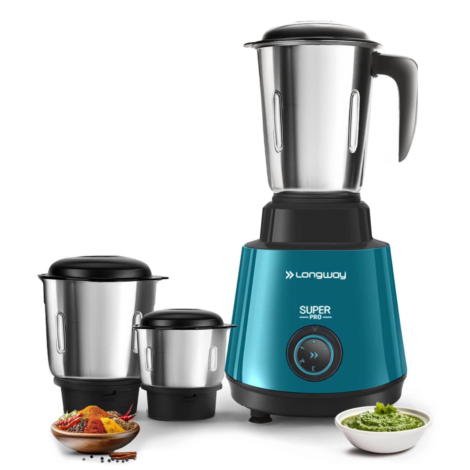 Longway Super Pro Mixer Grinder | 500 Watt Powerful Motor | 3 Jars for Grinding, Mixing, Juicing (Teal & Black, 3 Jars)