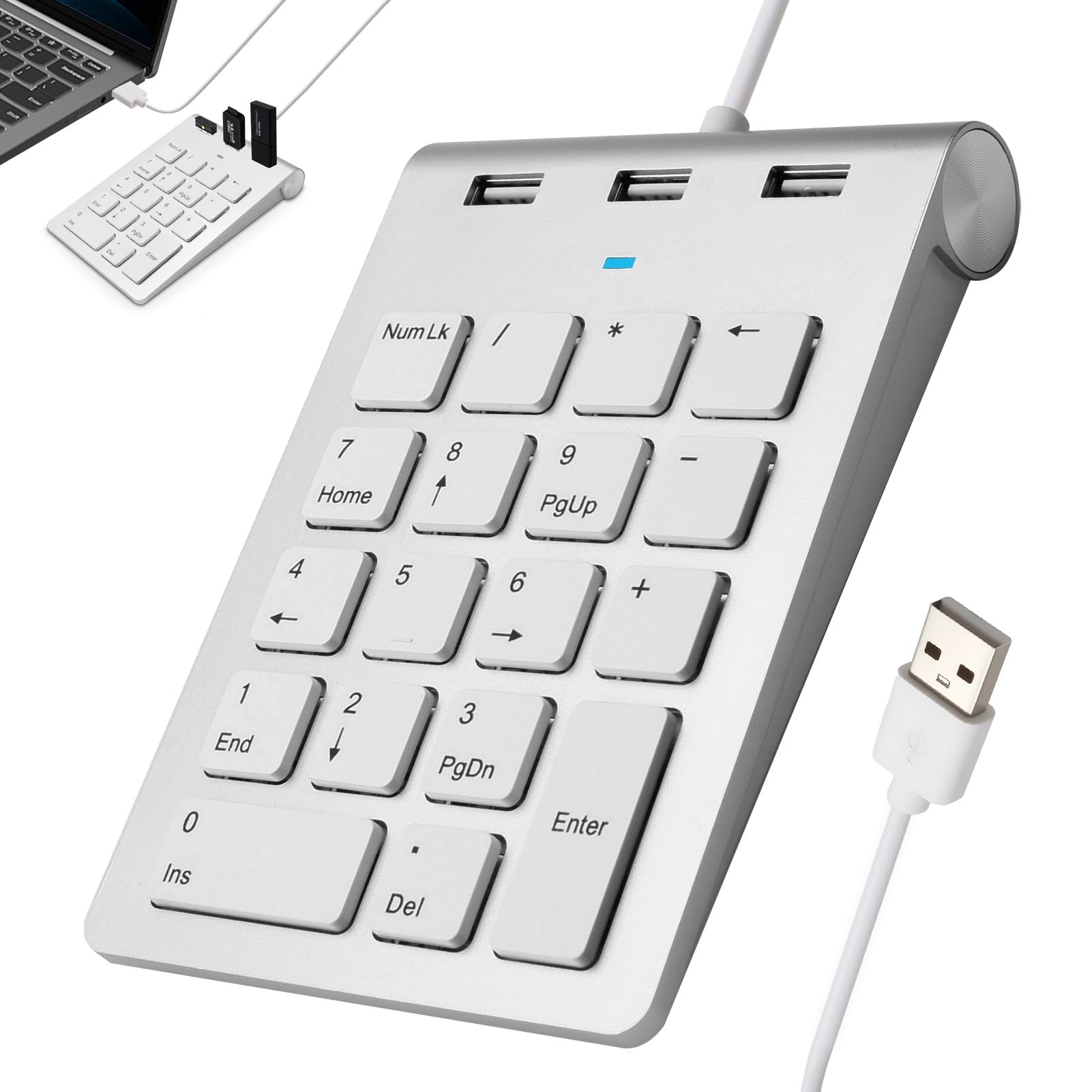Teclado Numérico Cableado USB-A Numpad Hub de 18 Teclas con 3 Puertos USB 2.0 Teclado Numerico Plug & Play para Laptop,PC de Escritorio, Surface Pro y MacBook, Compatible con Windows, macOS