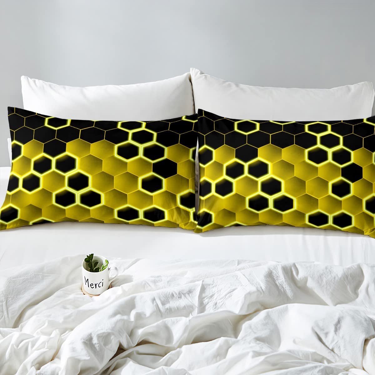 Honingraat Dekbedovertrek Set Dubbele Size Kids Zeshoekige Neon Ombre Zwart Blauw Dekbedovertrek Insert voor Jongens Tieners Geometrische Beddengoed Set Ademend Bijenkorf Down Dekbedovertrek Kamer