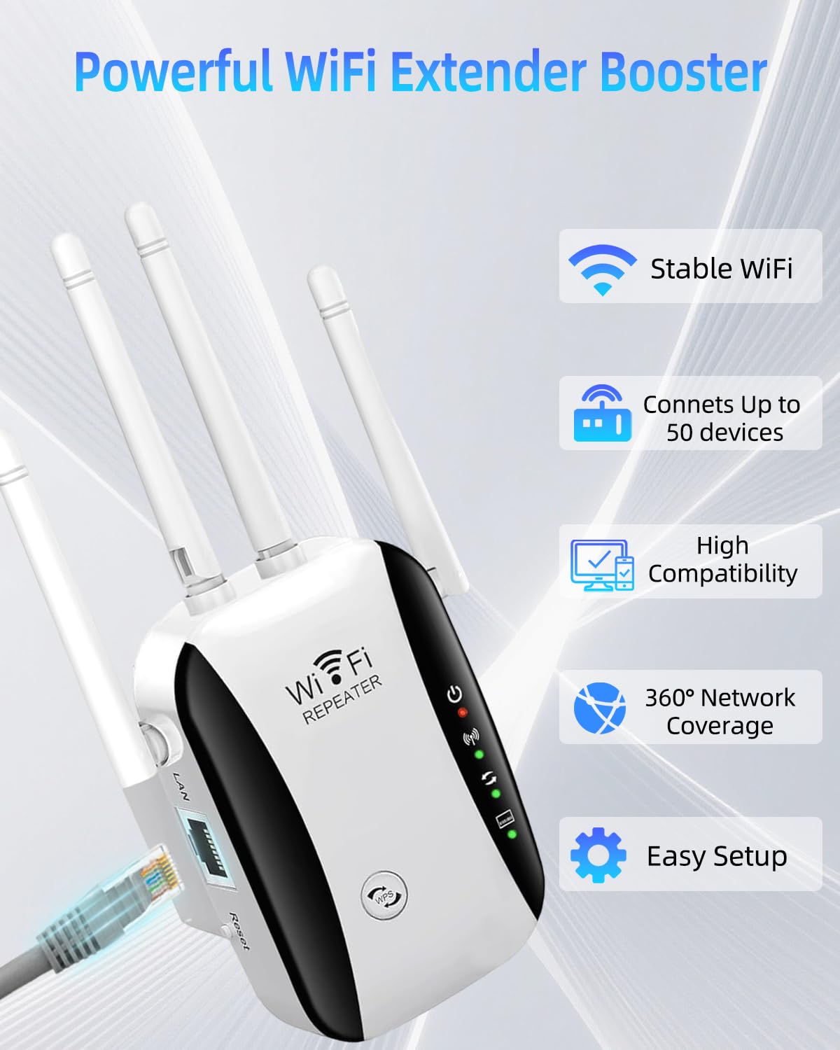 2026 WiFi Extender, WiFi Booster, Long Range WiFi Signal Amplifier, 4 Antennas Cover 5000 Sq.ft & 50 Devices, Internet Repeater with Ethernet Port, Quick Setup, UK Plug, White — view 3