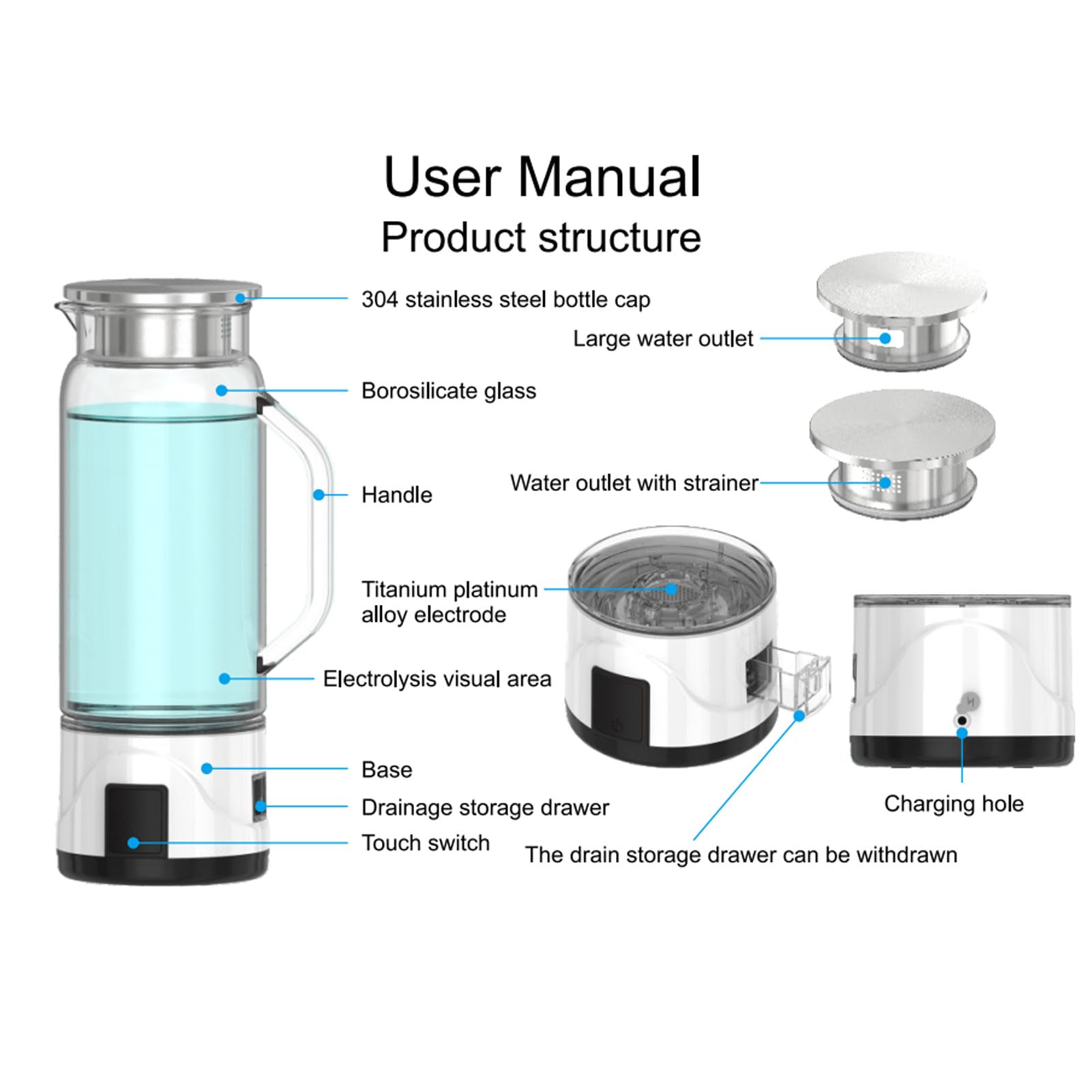 Botella de Agua de Hidrógeno, 1000 Ml, 1000 a 1500 Ppb, Generador de Agua Rica en Hidrógeno de Vidrio de Borosilicato con Mango para el Hogar, Fitness, Oficina
