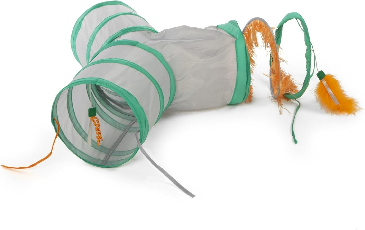 Fringe Frenzy Triple Tunnel Activity Cat Toy with Fringe & Feathers - Dangling Feather Cat Toy and Ribbon at Each Entrance, Tempt Feline Paws