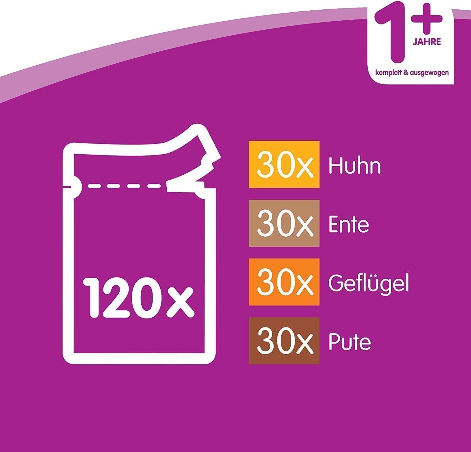 Whiskas 1+ Katzennassfutter – Geflügel Auswahl in Gelee – Hochwertiges Feuchtfutter für ausgewachsene Katzen im Portionsbeutel – Katzenfutter – Großpackung (120 x 100g)