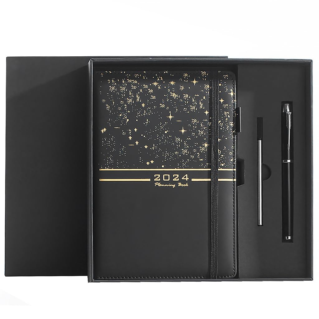 Climberty HASTHIP® 2024 A5 Diary For Men, PU Leather Planner With Pen & Refill, Golden Embossed Star Cover, Daily Monthly Yearly Organizer Notebook, Professional Business Gift For Office, Gentlemen