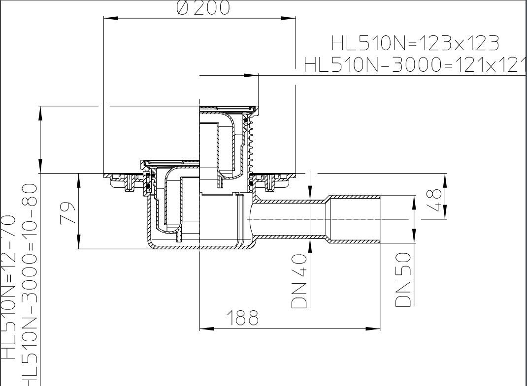 HL510N - Scarico a pavimento DN40/50 orizzontale, 123 x 123 mm/115 x 115 mm