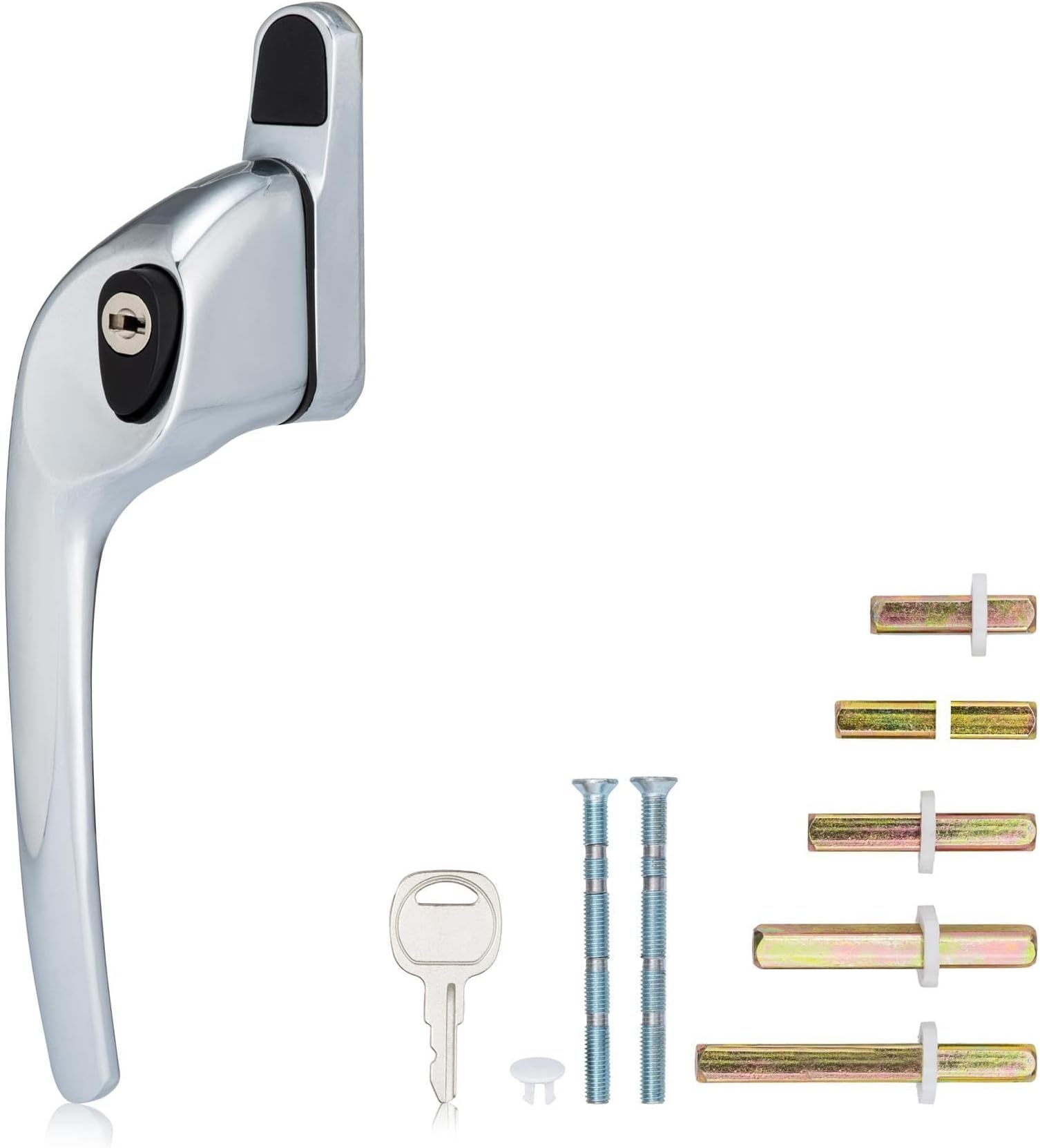 XFORT Cranked Locking Window Handle Installation Kit in Polished Chrome, Left Hand UPVC Window Handle Replacement, Offset Lockable Window Lever