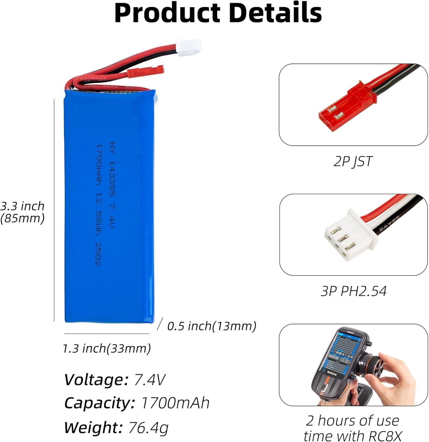 YUNIQUE GREEN-CLEAN-POWER Batteria LiPo 7.4V 1700mAh 2S 5C con Connettore JST 2 Pin – Batteria RC per Radiolink RC4GS V3, RC6GS V3, AT10II, AT9S Pro, T8FB Trasmettitori RC