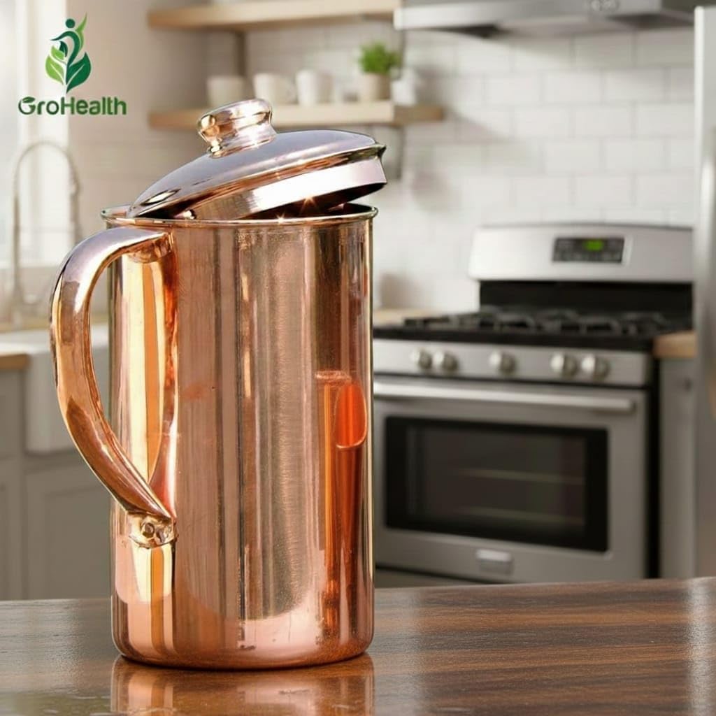 Pure Copper Water Pitcher 1.5 Liter (50.7 oz) – Handcrafted Ayurvedic Copper Jug with Lid for Daily Drinking Water (Plain Jug)