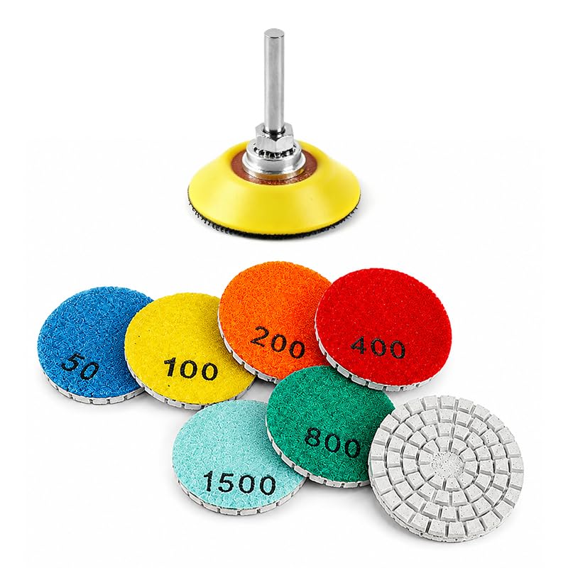 8Pcs/Set Diamond Wet Polishing Pad, 50mm 7 Grits 50#-3000# Sanding Discs with 6mm Round Handle Hook & Loop Backing Holder for Stone, Marble, and Glass Surface Polishing