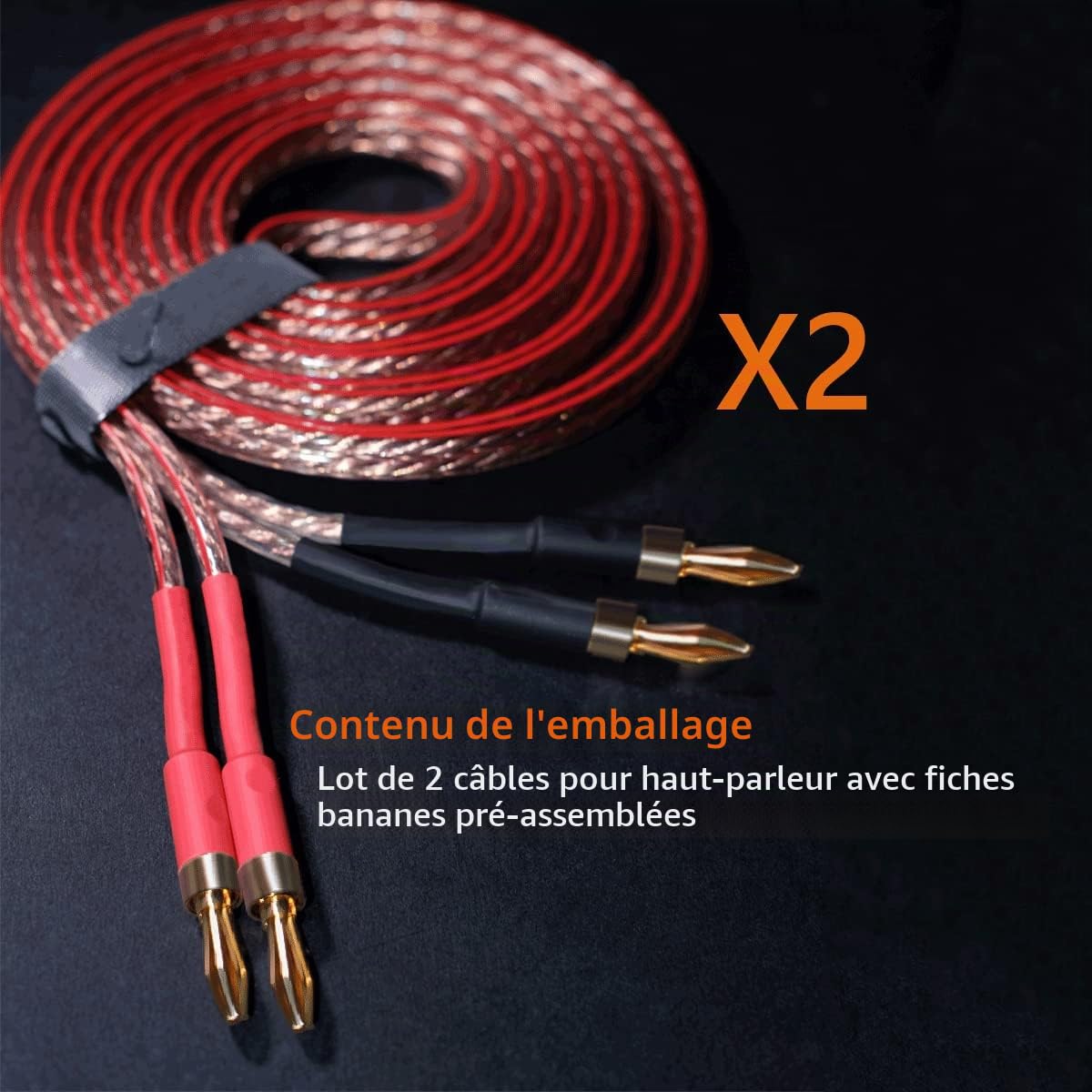 Lot de 2 câbles d'enceinte de qualité audiophile 13 AWG avec double embouts banane pré-connectés plaqués or, fiche banane mâle vers mâle (4 m)