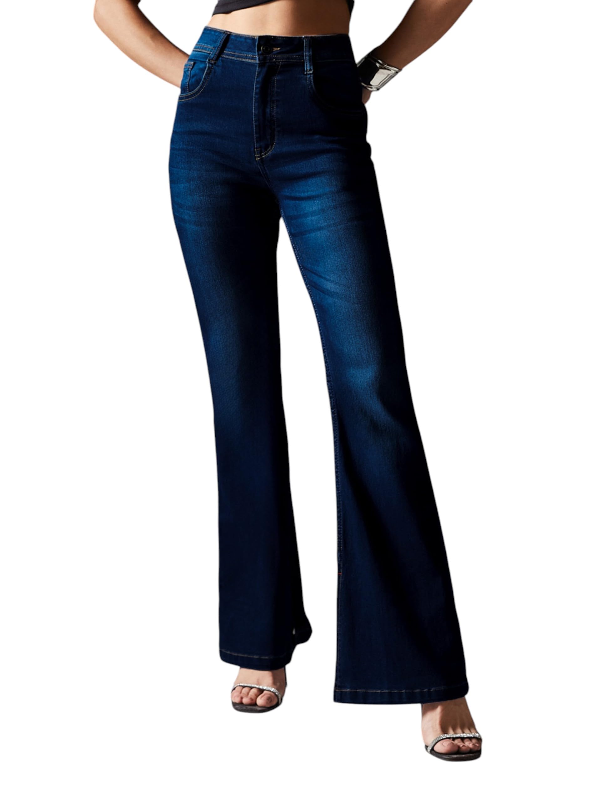 Women's Blue Bootcut Mid Rise Regular Length Stretchable Denim Jeans