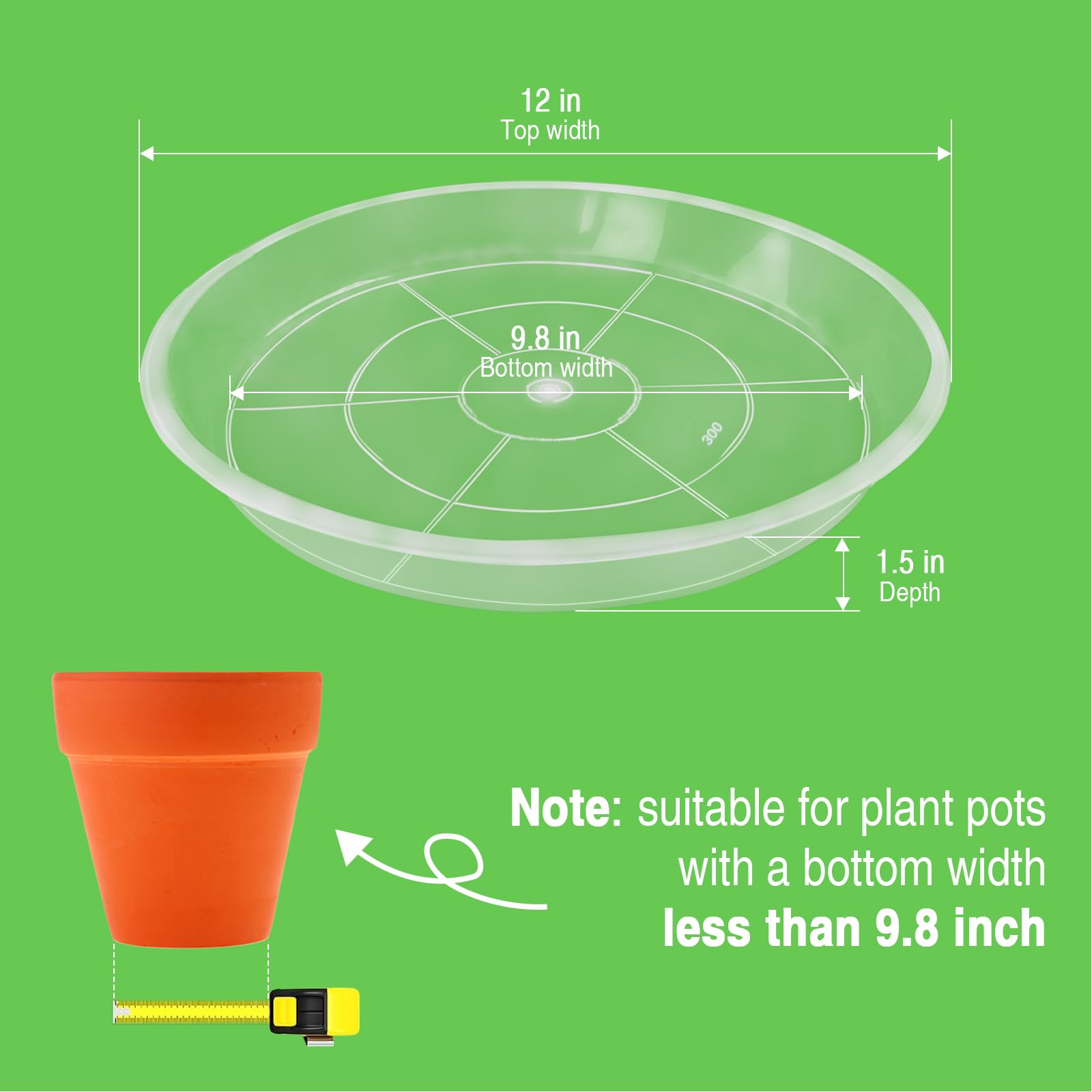 Pflanzen-Untersetzer, 30,5 cm, transparente Kunststoff-Pflanzschalen für Töpfe drinnen und draußen, rund, langlebig, stabil, Pflanzen-Wasserauffangschale für Drainage, Dekoration, Schutz, 6 Stück