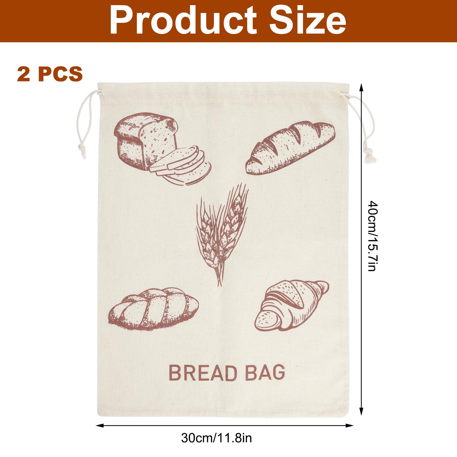 2 Sacs à Pain En Coton Réutilisables 30x40 Cm - Avec Cordon De Serrage, Pour Conserver Pain, Fruits, Légumes