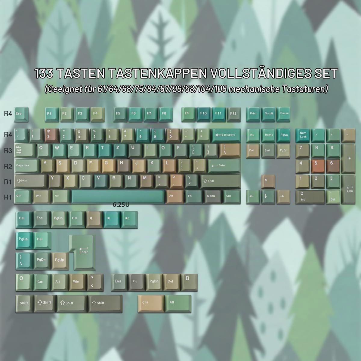 Sunzit PBT Deutsches Layout Keycaps, 132 Tasten Grüner Wald Custom Tastenkappen Cherry Profile Dye-Sub Keyboard Keycap Set mit 6.5u Spacebar für MX Switches Mechanische Gaming Tastatur