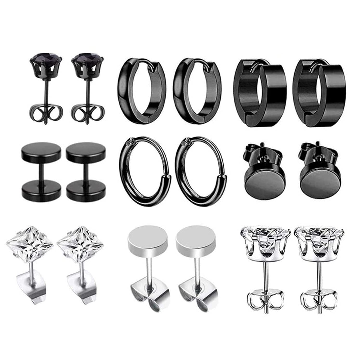 Lot De 10 Paires De Boucles D'oreilles Acier Inox - Clous Ronds Zircon, Pour Hommes Et Femmes
