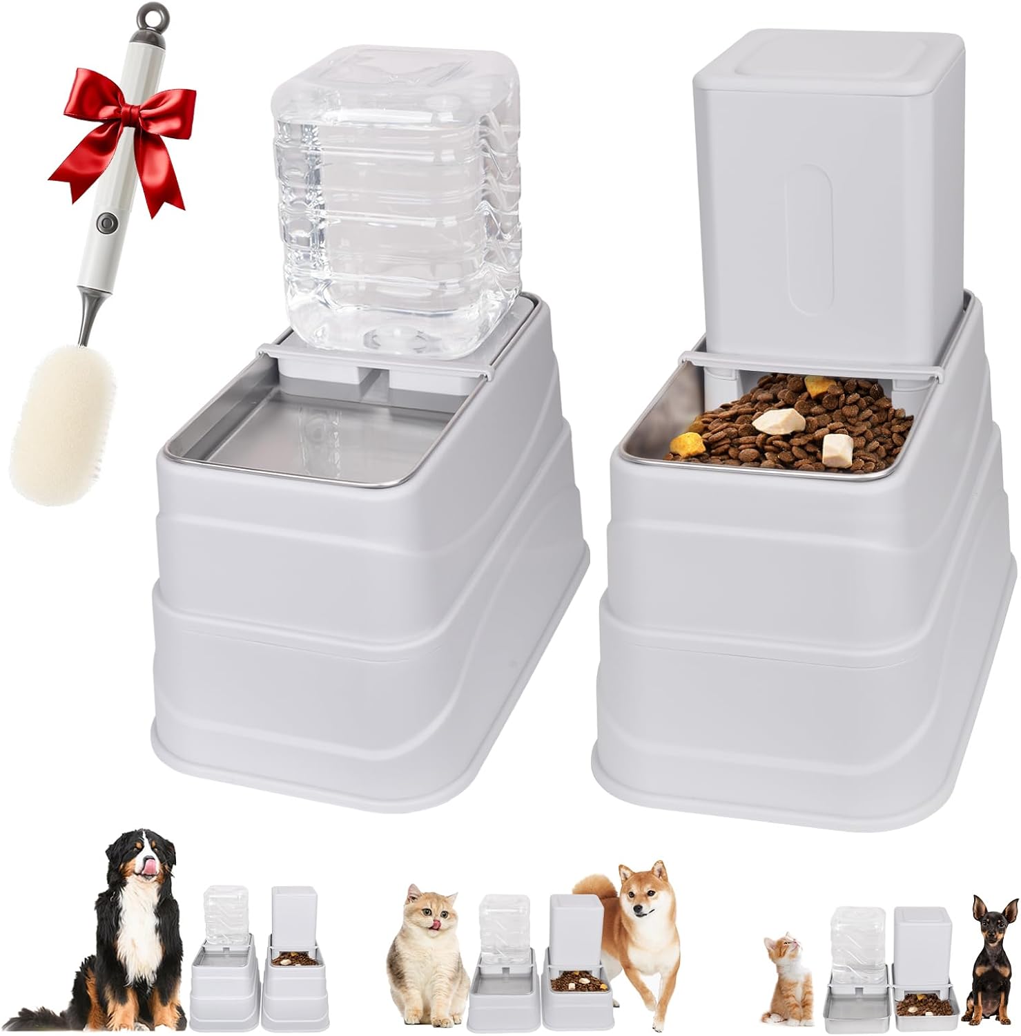 Cat Feeder and Water Dispenser Set(4L) Stainless Steel,2 Height Adjustable Raised Automatic Dog Feeder and Dog Water Dispenser for Dogs Cats Pets,Non-Slip Bottom,Large Capacity