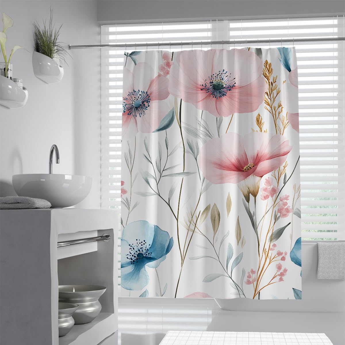 UIRINGART Soft Pink Blue Watercolor Poppy Floral Shower Curtain W200xL240cm Pastel Botanical Meadow Grass Pattern Water Repellent Anti Mould Bathroom Curtain For Tub