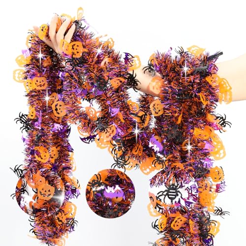Image of 33 FT Halloween Tinsel Garland Decorations,Orange Purple Black Halloween Garland with Pumpkins, Bat, Spider Shiny Metallic Garlands for Indoor Outdoor Decorations
