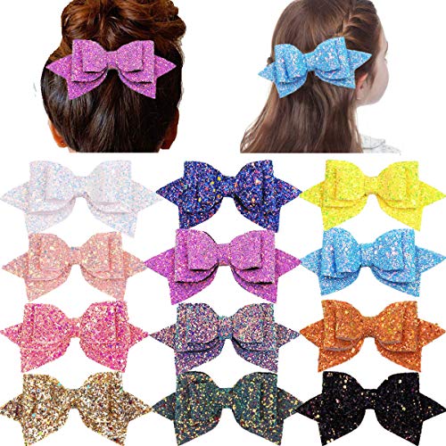 12 Colors 5 Inch Glitter Hair Bows Boutique Hair Clips- Multi Color Glitter Sequins Big Hair Bows For Girls Teens Toddlers Kids
