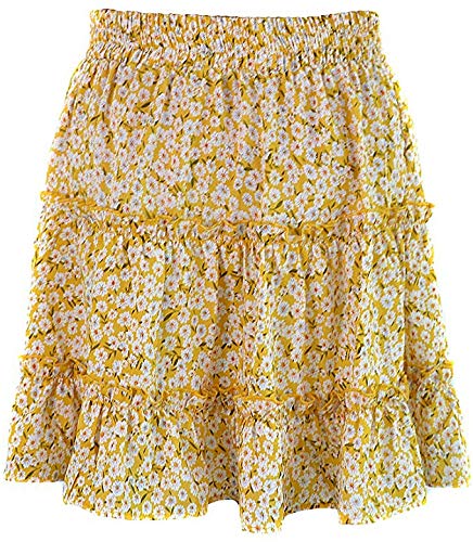 Bestsmile Saia feminina verão casual boêmio cintura alta babado estampa floral saia curta praia (Yel