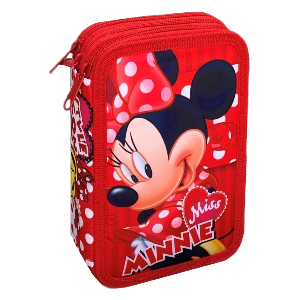 CARTOON Estuche escolar con 3 cremalleras, multicompartimento, juego de 44 piezas, colores Giotto, 20 x 13 x 6 cm, rojo, 20 x 13 x 6 Cm, Minnie