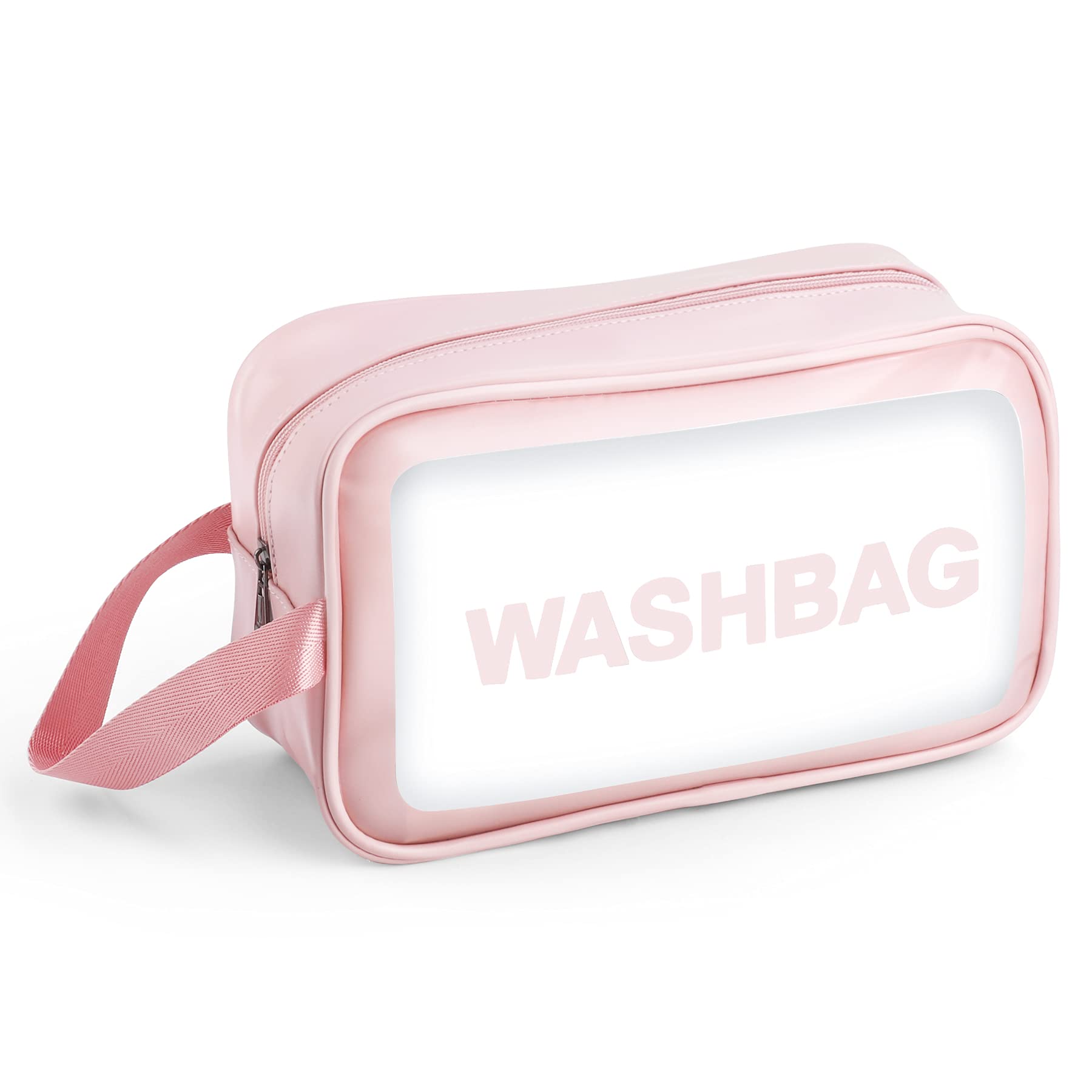 Sofore Bolsas Neceser Transparente para Viaje, Neceser para Maquillaje de PVC Portátil Organizador Cosmético con Cremallera, Estuche de Transporte para Mujer, Negocios, Baño, Rosa (Pequeño)