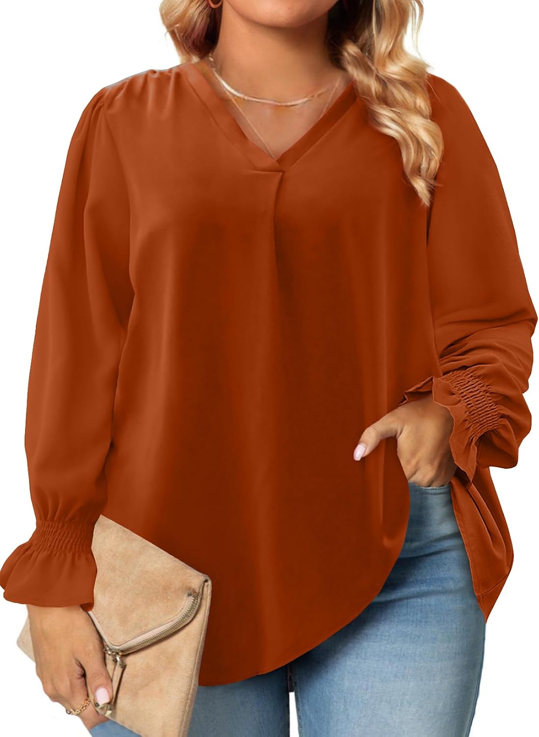 Eytino Plus Size Tops for Women Sexy V Neck Smocked Long Sleeve Blouse Loose Casual Work Shirts(1X-5X)