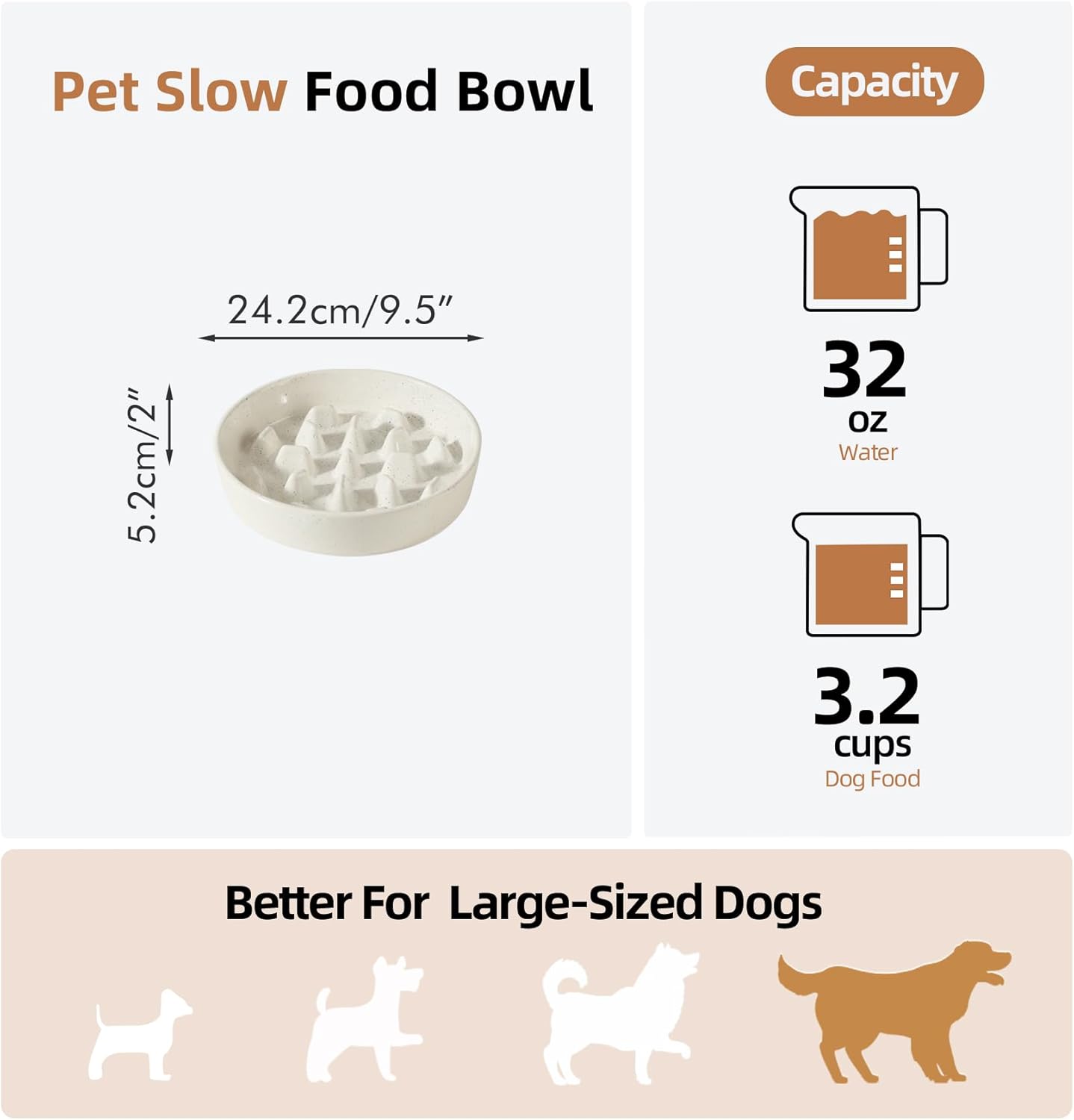 Havniva Ceramic 3.2 Cup Dog Bowl Slow Feeder, 9.5 inch Slow Pet Food Dish for Large Dog, Stop Bloat, Preventing Choking(Single Bowl, Vanilla White)