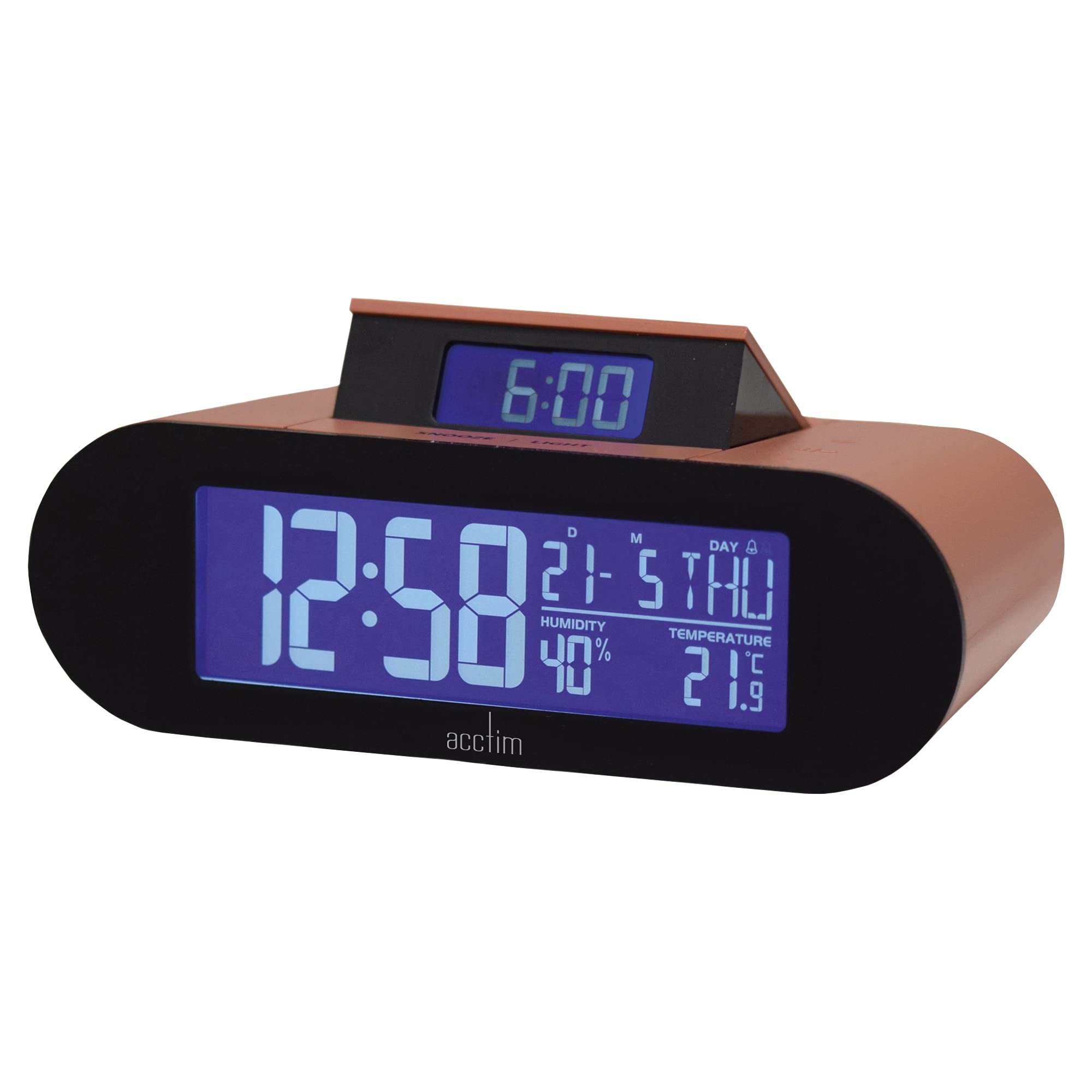 Acctim Soft Coral Kian Digital Alarm Clock Crescendo Alarm Date, Temperature & Humidity Display Pop Up Alarm