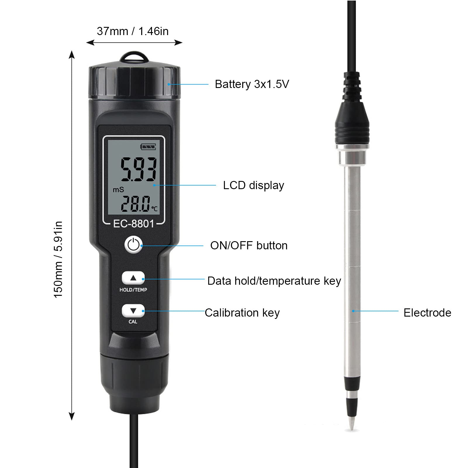 Haofy Misuratore del Suolo EC, Rilevatore di Sale, Tester Portatile di Conducibilità del Suolo Tester di Salinità EC del Suolo con Sonda EC-8801B per L'agricoltura di Piante da