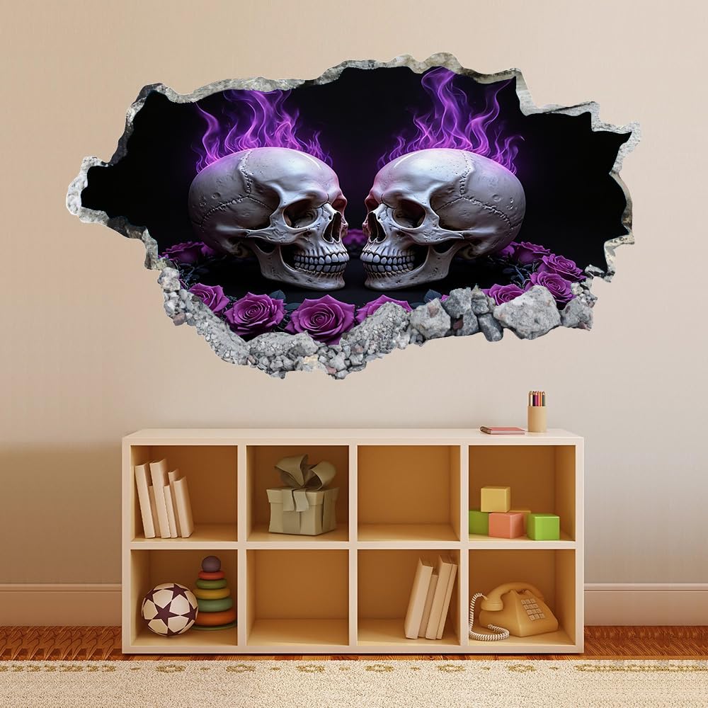 Decalcomanie da muro Art 3D Fracassato Cranio Adesivi murali removibili Fumo Viola Carta da parati Camera da letto autoadesivo per ragazze Camera da letto Nursery Home Decor Gift