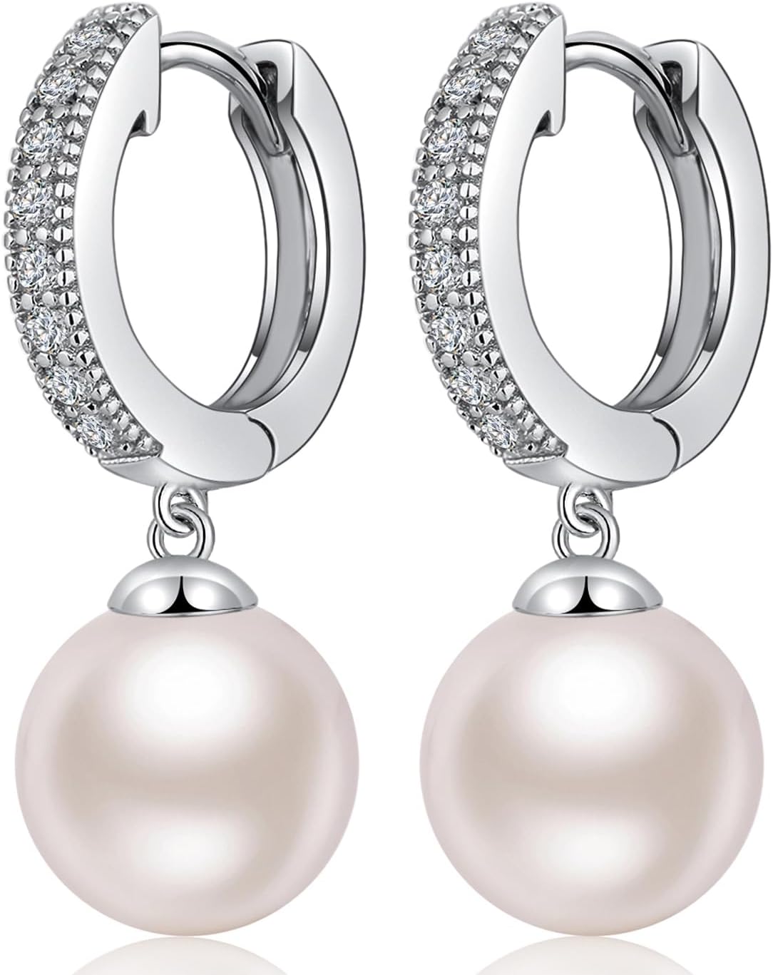 Jiamiaoi 18k White Gold Plated Pearl Earrings, 925 Sterling Silver Pearl Drop Earrings for Women Leverback Jewelry