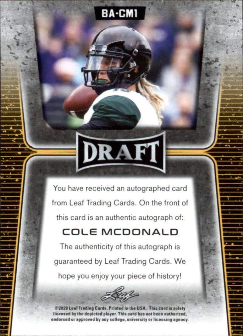 2020 Leaf Draft (NFL) Football Autograph Gold #BA-CM1 Cole McDonald Auto Hawaii Pre Rookie RC Official Player Licensed Trading Card (in NCAA Uniform)