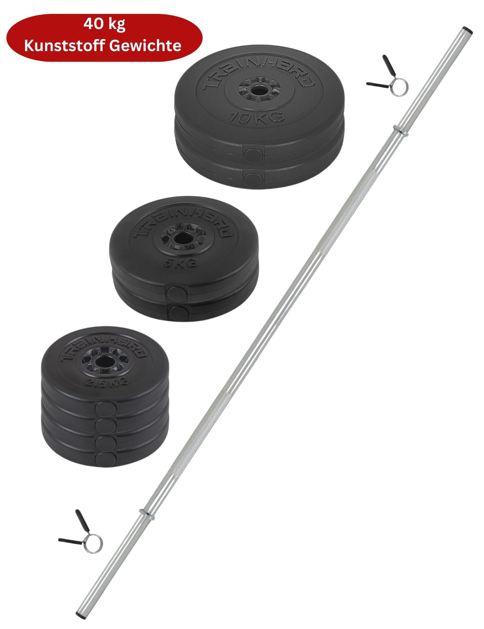 TrainHard Zestaw długich hantli z sztangą o długości 1,6 m, obciążnikami 40 kg (4 x 2,5 kg, 2 x 5 kg, 2 x 10 kg) i zapięciami
