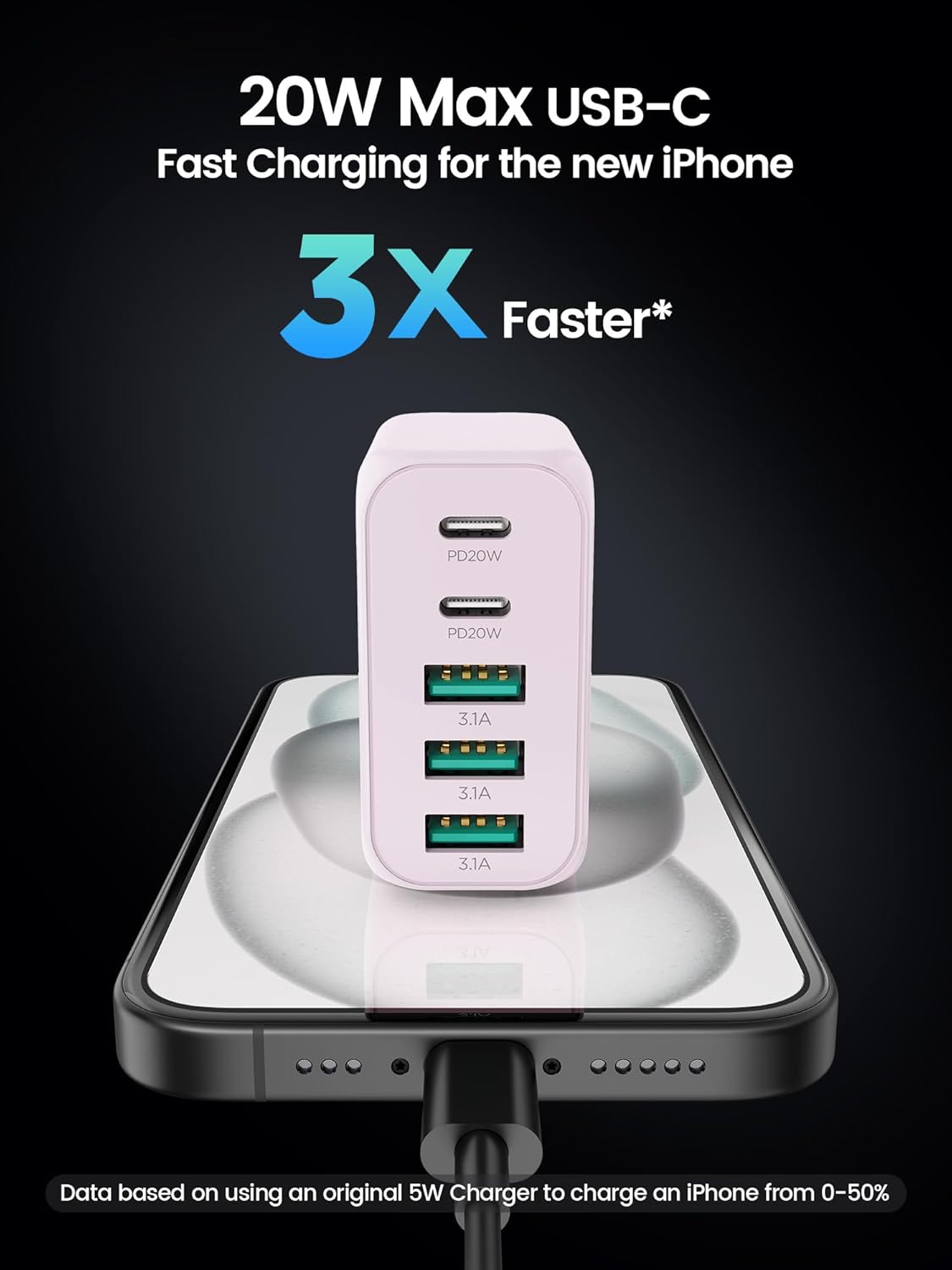 EIZLXQ USB C Charger Block, [2-Pack] Type C Charger Fast Charging,50W 5-Port USB Wall Charger Multiport Type C Charging Block Cube for iPhone 17/16/15/14/13/12/11 Pro Max XS,iPad,Samsung&More-Pink