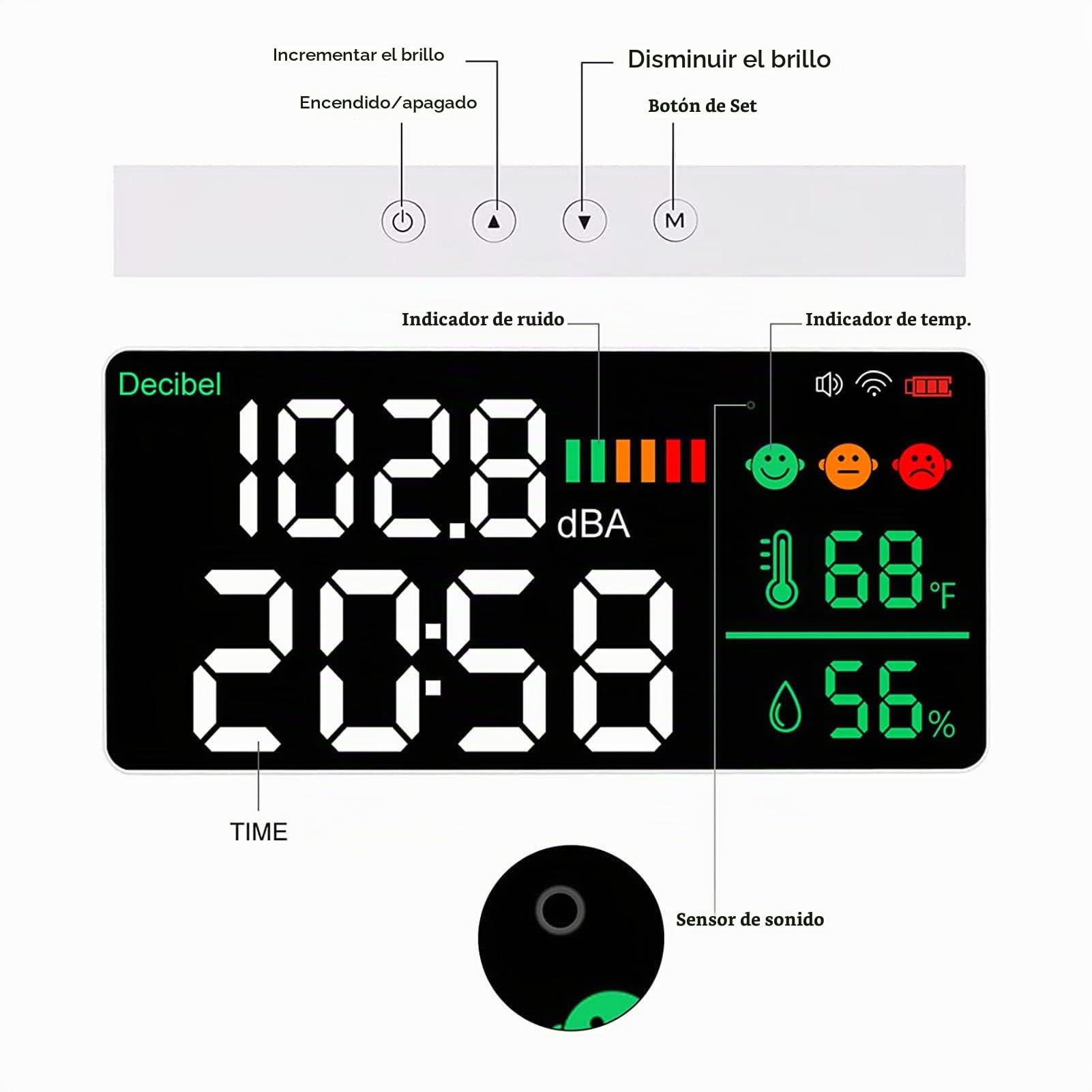 Medidor de Decibelios LED 30-130 DBA para Tuya 2.4G WiFi Montado en la Pared 11 Pulgadas LED Temperatura Humedad Tiempo Pantalla Medidor de Sonido para el Aula Estudio Hogar