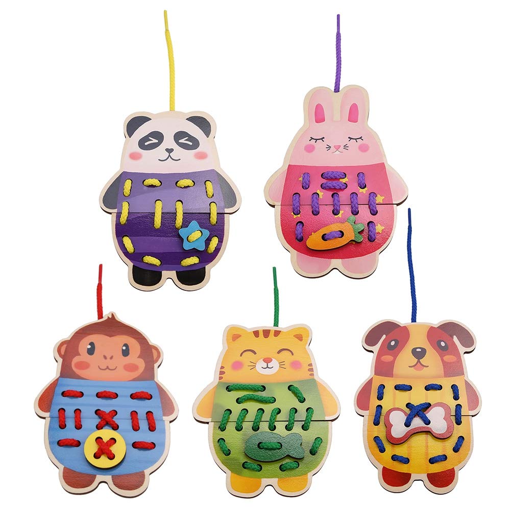 RuiningCute Wooden Animals Threading Toys, Lace And Trace Pets, Lightweight Non-Toxic for 1 2 3 Years Old Toddlers Kids