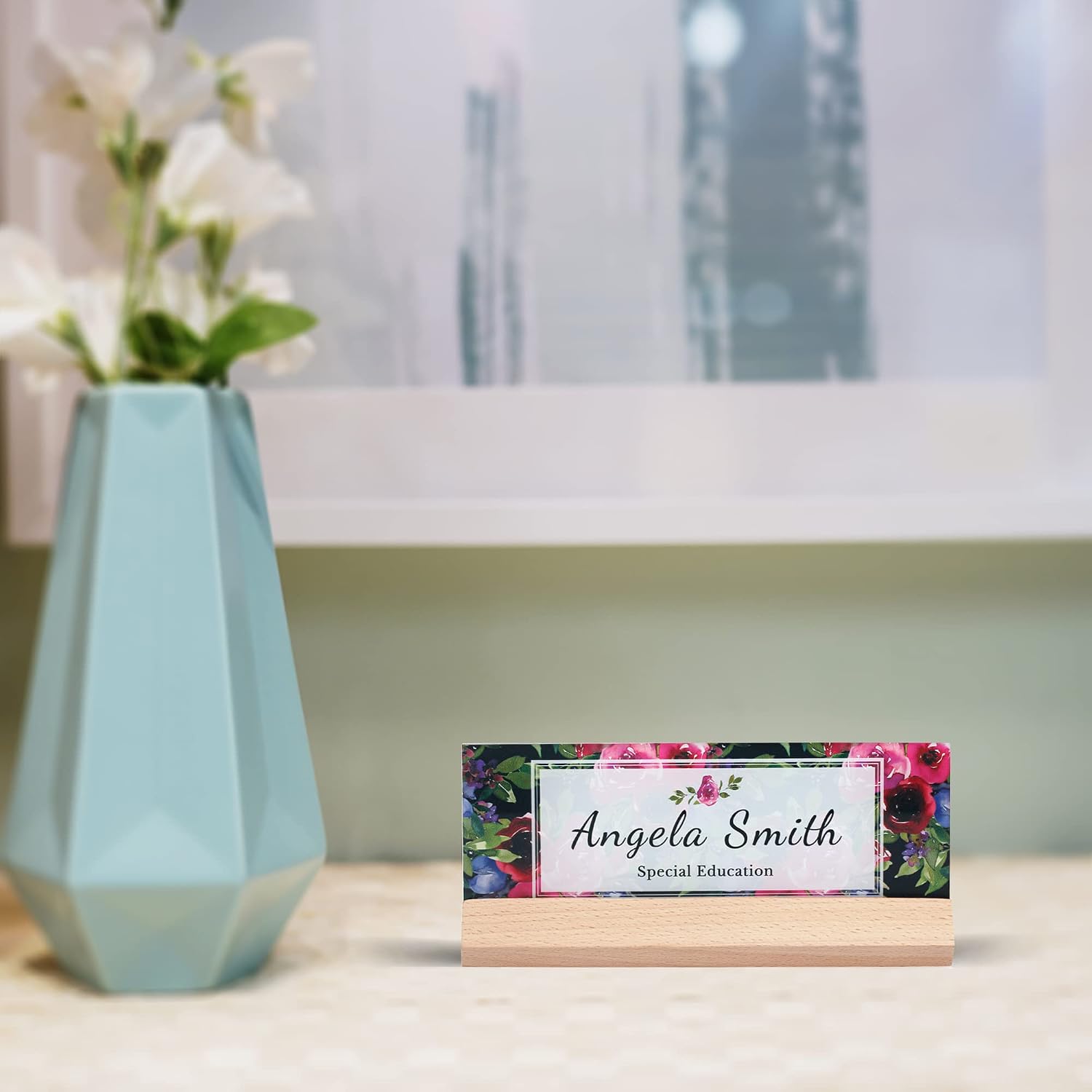 Desk Name Plate Personalized Wood Holder Office Name Plates for Desks Teacher Name Plate Acrylic Desk Decorations Nurse Appreciation Gifts…(Beech, Garden)