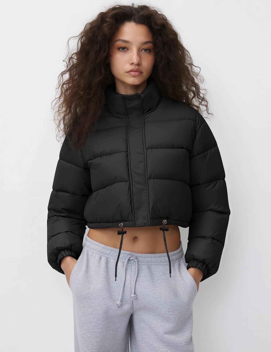 Flygo Women Cropped Puffer Jacket Winter Long Sleeve Quilted Puffy Bubble Padded Short Coats with Drawstring - Image 2