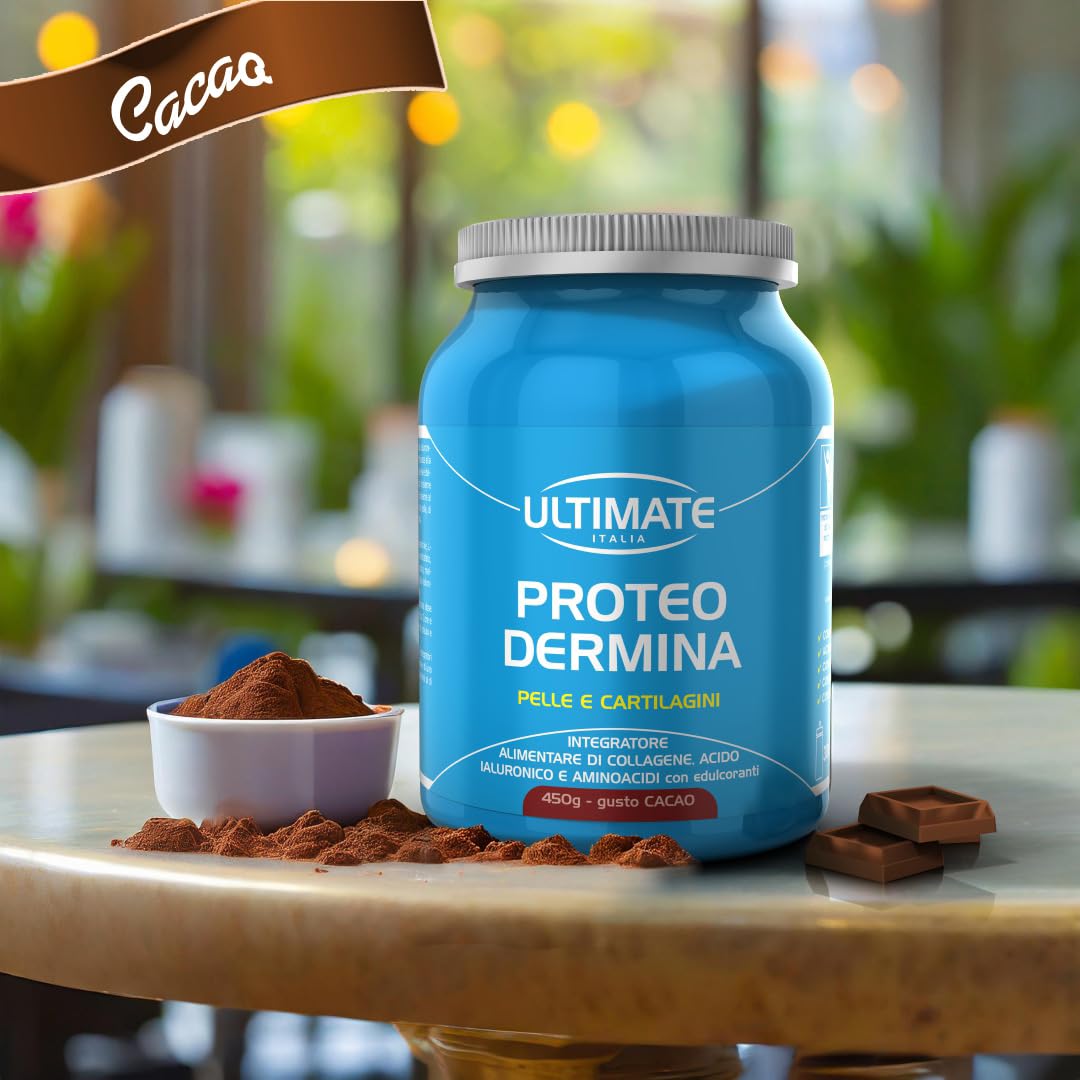 Ultimate Italia - Proteo Dermina - 450g - gusto cacao - Integratore di collagene e acido ialuronico per mantenere la pelle giovane e supportare cartilagini, legamenti e tendini