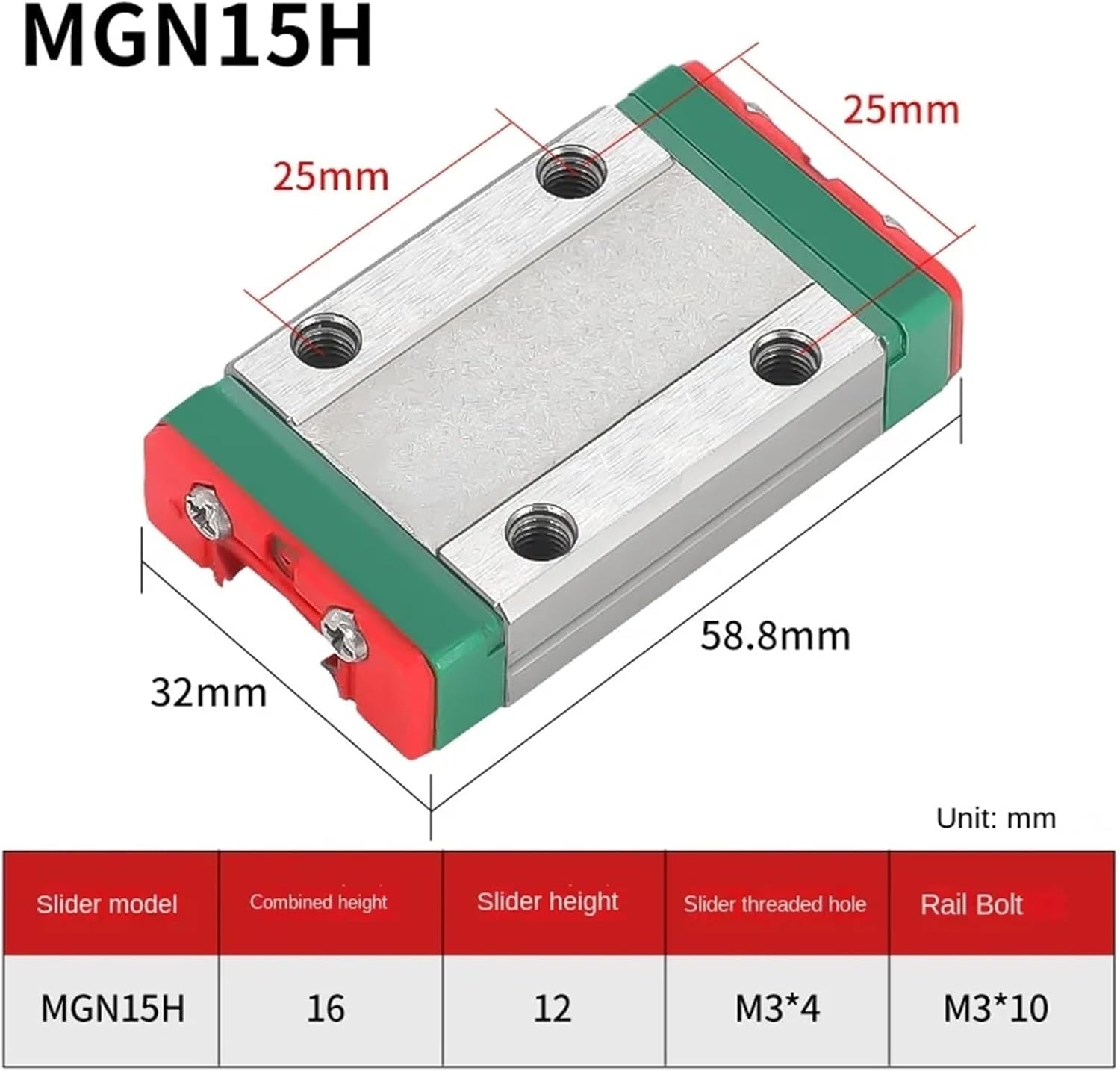 1 x Linear Guide MGN15 L 100-1000 mm + 1 x MGN15H MGN15C Trolley for 3D Printer (MGN15 H, 600 mm)